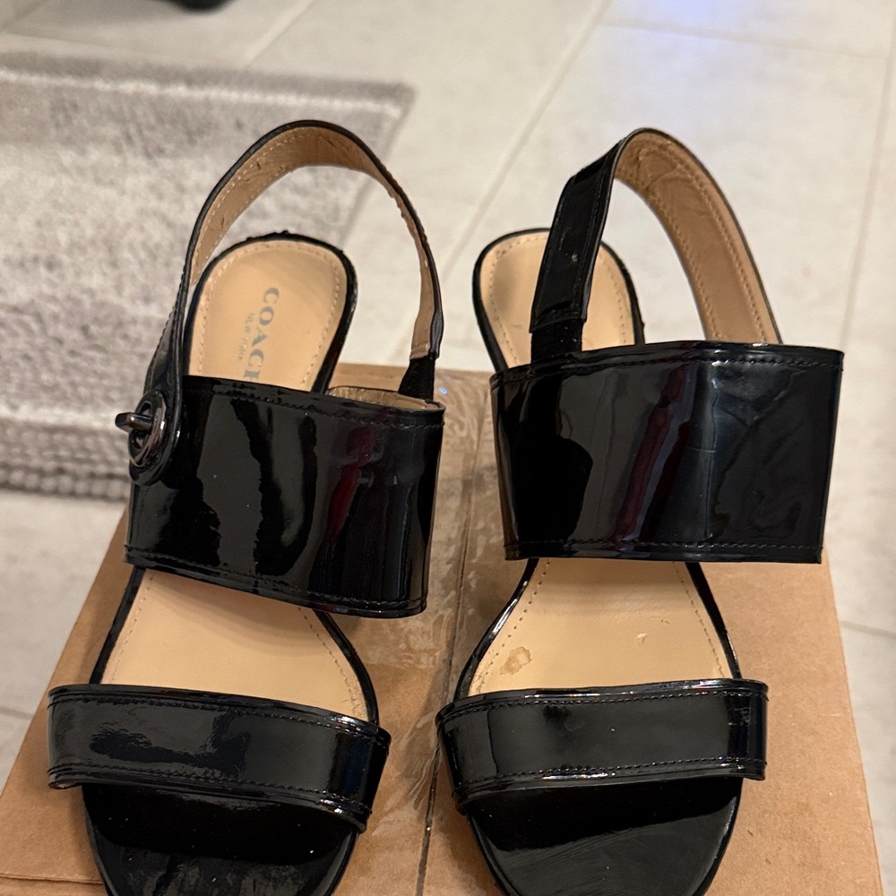 Coach Black Patent Leather Wide-Strap Slingback Sandals